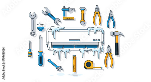 An illustration depicting a malfunctioning frozen air conditioning unit surrounded by various essential repair tools, symbolizing professional HVAC service and maintenance.