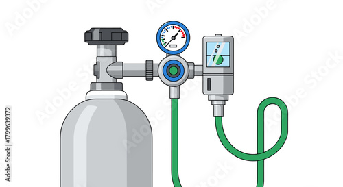 A detailed vector illustration of a medical oxygen tank with a pressure gauge and flow meter, essential for healthcare and emergency support.