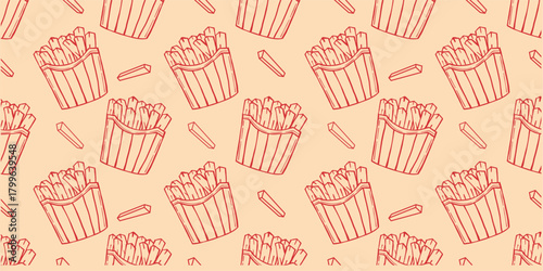Hand-drawn seamless pattern of french fries, ideal for background, textile, packaging, and decorative food design