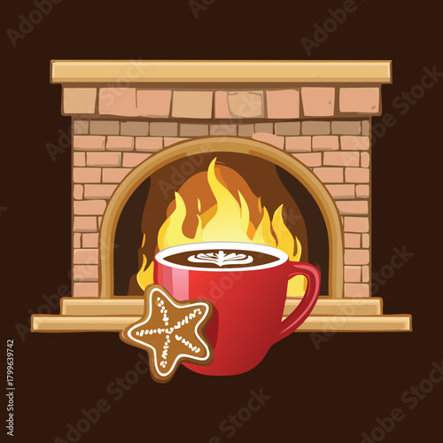 Cozy brick fireplace with a roaring fire, featuring a festive red mug of hot cocoa and a star-shaped gingerbread cookie on the hearth for Christmas Eve - Vector Illustration