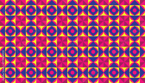 A bright geometric pattern featuring a combination of magenta, blue, and yellow that forms a repetitive pattern of circles and triangles. This design creates an energetic, playful, and eye-catching.