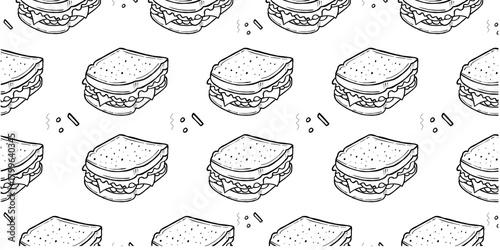 Hand drawn seamless sandwich pattern in line art style. A simple repeating food pattern suitable for background, textiles, restaurant material, label, and packaging