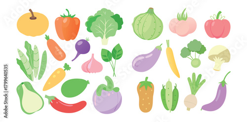 Soft Pastel Vegetable Icons | Colorful Flat Food Vector Set | Organic Veggie Clipart