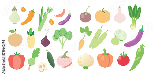 Soft Pastel Vegetable Icons | Colorful Flat Food Vector Set | Organic Veggie Clipart