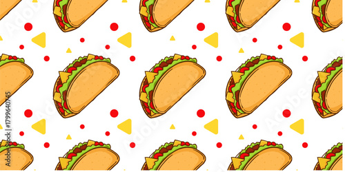 Colorful hand-drawn taco seamless pattern with fresh ingredients. Perfect for T-shirt, print, poster, textile, and fun food-themed design