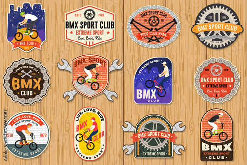 Set of motorcycle hill climb and mountain biking patch, sticker. Vector illustration. Concept for shirt or logo, print, stamp or tee. Vintage typography design with man riding bike and mountain