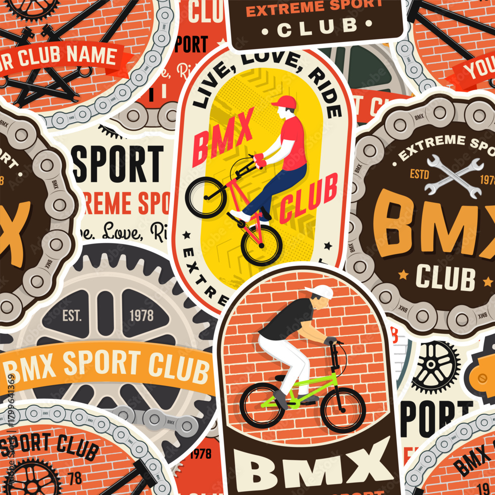 Obraz premium Set of Mountain biking seamless pattern or background with patch, sticker. Vector illustration. Concept for shirt or logo, print, stamp or tee. Wallpaper design with man riding bike and mountain