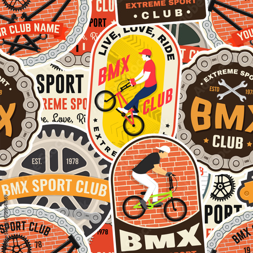 Set of Mountain biking seamless pattern or background with patch, sticker. Vector illustration. Concept for shirt or logo, print, stamp or tee. Wallpaper design with man riding bike and mountain