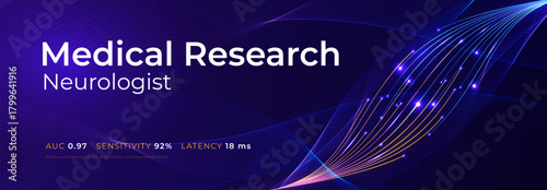 Medical Research Background Neural Science Abstract Digital Medical Transformation Layout, Neuronal Connection Waving Blue Lines Glowing. Innovate Scientific Researching Concept. Vector Illustration