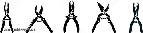 Shrub and Bush Care Silhouette set. A series of five illustrations of different types of pruning shears, showcasing various designs and features.