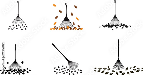 Leaves Removal Silhouette set. A collection of illustrations featuring rakes and falling leaves, showcasing seasonal yard work and the process of gathering leaves.