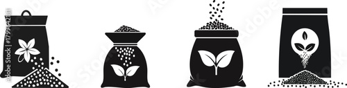 Fertilizing and Soil Care Silhouette set. Four stylized bags illustrate the themes of seeds, plants, and growth, with each bag showcasing different designs and contents.