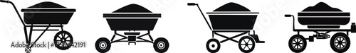 Fertilizing and Soil Care Silhouette set. Four variations of wheelbarrows filled with material, depicted in a simple, monochromatic style, showcasing different designs and functionalities.
