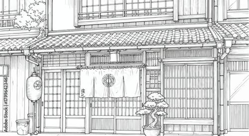 Detailed architectural line sketch of a traditional storefront facade with classic wooden framing, ornamental panels, and balanced window composition.