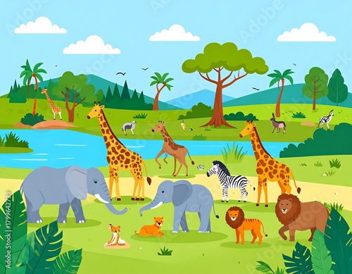 Cartoon illustration featuring diverse African animals in a vibrant natural habitat