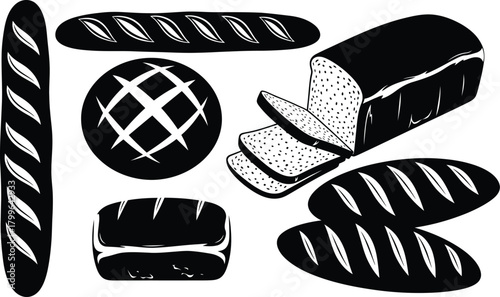 Collection of hand drawn loaves and baguettes in black and white sketch style