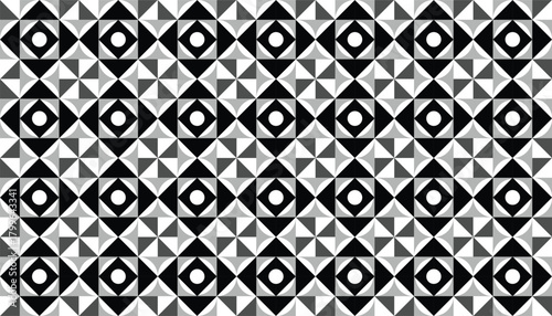 A seamless black-and-white geometric pattern featuring circular centers surrounded by angular triangular segments. The repeating structure creates a bold optical effect with high contrast