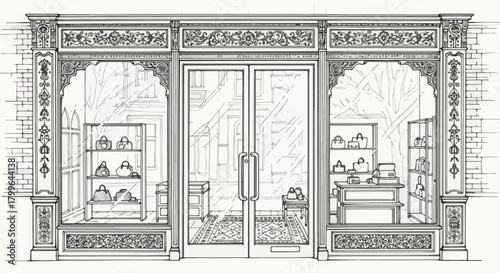 Detailed vintage-style storefront sketch with ornate wooden decorations, patterned façade elements, and a richly textured traditional shop entrance.