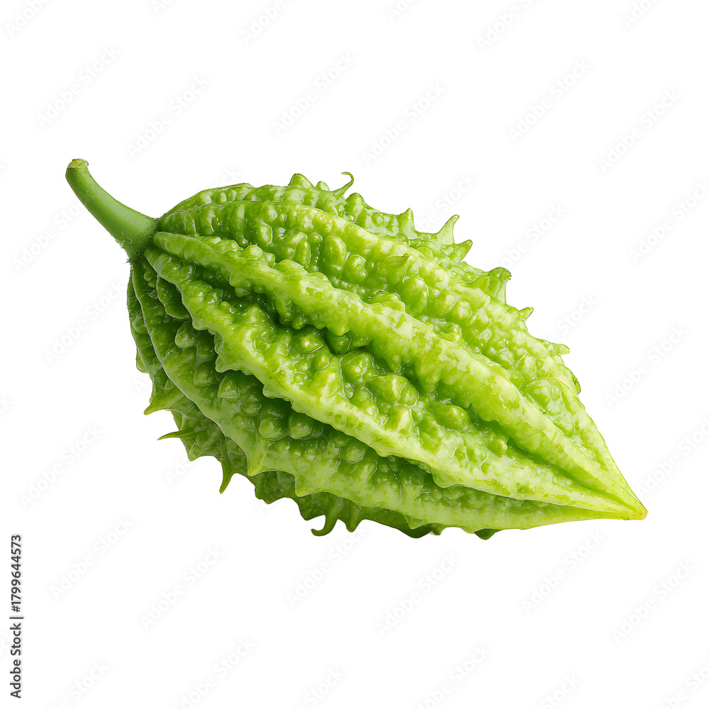Naklejka premium Bright Green Bitter Melon with Textured Skin Isolated on White Background