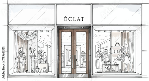 Elegant boutique storefront sketch featuring refined drapery accents, decorative glass doors, and an aesthetically balanced luxury retail entrance.