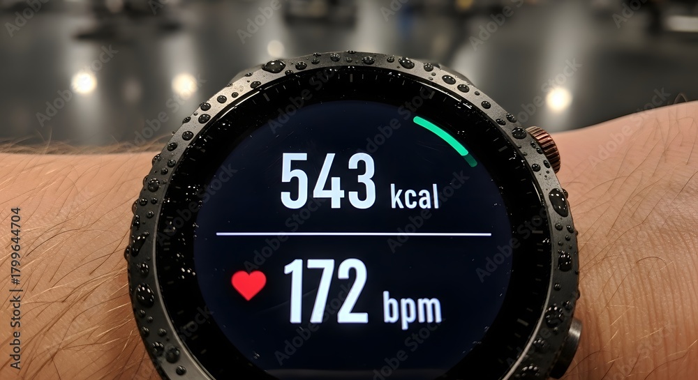 Fototapeta premium Fitness Smartwatch Displaying Burned Calories and High Heart Rate After Workout