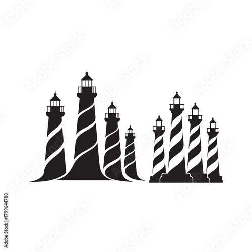 Striking lighthouse silhouettes guiding coastal navigation.