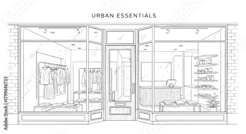 Modern boutique storefront sketch with large display windows, clean structural framing, and a contemporary urban commercial retail façade.
