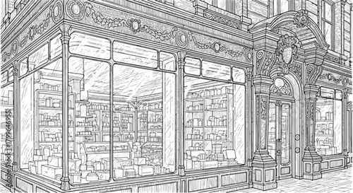 Architectural street sketch of a classic corner building featuring tall windows, brick textures, and detailed vintage commercial façade design.