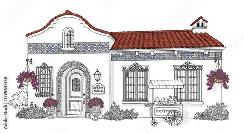 Hand-drawn sketch of a small villa-style boutique building with curved roofing, decorative plants, and a charming compact architectural composition.