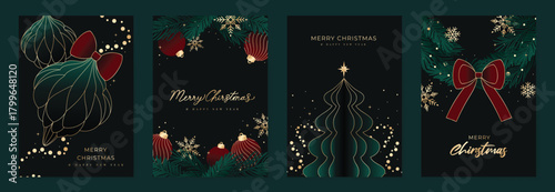 Christmas vector card set with holly leaves, red berries, ribbon bow, festive tree and gold snowflakes in deep green — seasonal illustration for holiday cards.