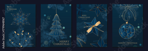Christmas vector poster set with gold snowflakes, ribbon ornaments, glowing star and abstract tree forms in dark teal — luxury festive design for Christmas cards.