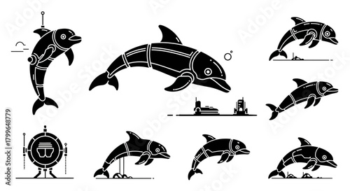 Futuristic robotic dolphins exploring ocean depths and advanced marine technology in sleek, modern line art style