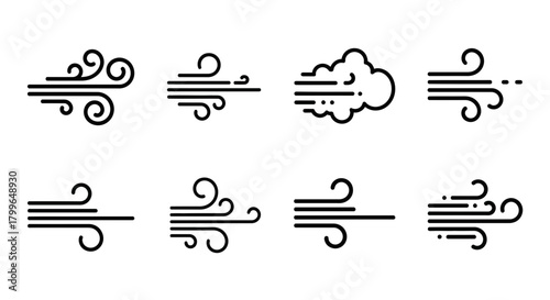 Dynamic wind icons and weather symbols capture atmospheric movement and natural forces with clean lines for modern design projects