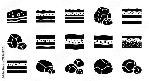 Discover geological layers and rock formations, essential icons for earth science, mining, and construction projects.