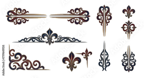 Elegant decorative flourishes and fleur de lis elements for sophisticated design projects and timeless invitations, adding a touch of regal charm.