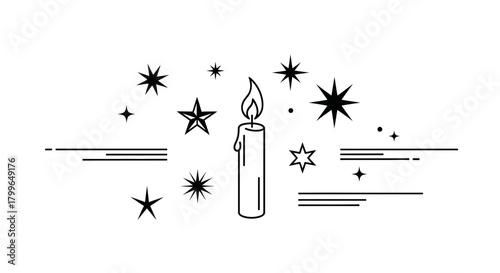 Elegant single candle flame burning brightly surrounded by festive stars and abstract lines, evoking warmth and celebration