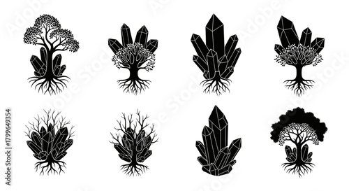 Mystical trees intertwined with sparkling crystals symbolize growth, nature's magic, and unique spiritual journeys for modern designs.