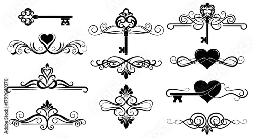 Elegant decorative flourishes and antique keys, perfect for invitations, borders, and vintage design projects