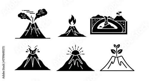 Dynamic volcano icons depict eruption, lava flow, and geological processes for educational or scientific presentations