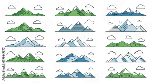 Diverse mountain range illustrations with clouds, showcasing various styles from serene green peaks to majestic snow-capped summits perfect for nature themes.