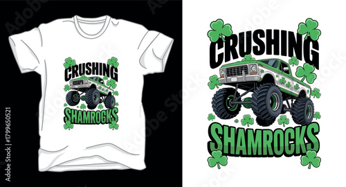 Crushing shamrocks monster truck graphic vector art t-shirt design print