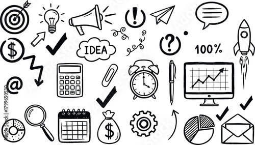 Doodle icons representing business strategy and success
