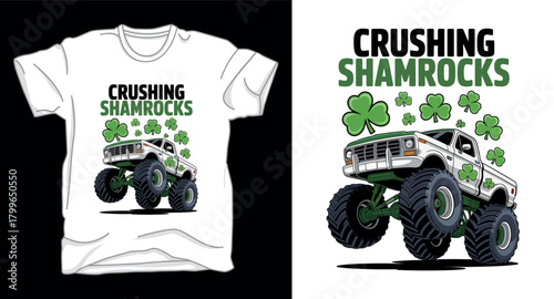 Crushing shamrocks monster truck graphic vector art t-shirt design print
