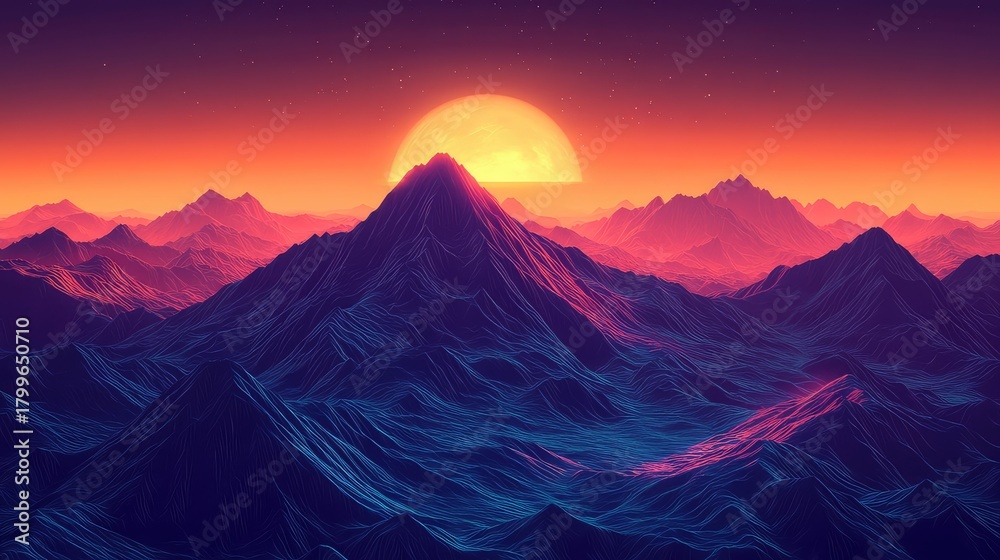 Fototapeta premium Synthwave mountain landscape with glowing sun and neon sky