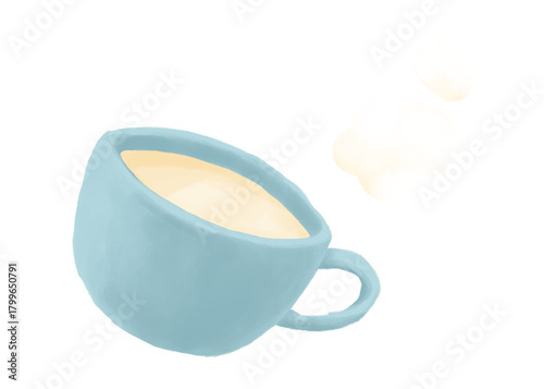 ホットミルク入り水色マグカップと湯気の水彩画