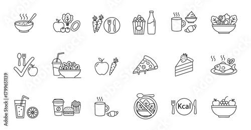 Collection of hand drawn food and drink icons representing healthy and unhealthy eating choices