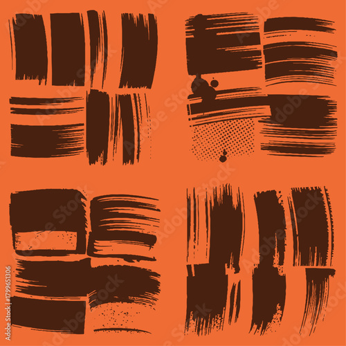 Linocut stamp texture collection. Grunge urban backgrounds set. Rough black ink roller textures. Black uneven edge backgrounds, text frames. Paint roller stains, lino ink grungy remains. 