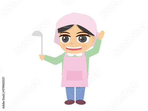 三角巾とエプロン姿の女性