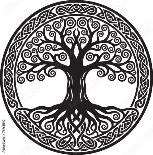Intricate celtic tree of life silhouette isolated on transparent background