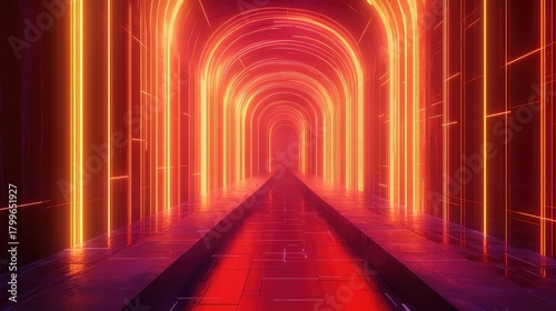 Fototapeta Naklejka Na Ścianę i Meble -  Futuristic neon tunnel glowing with red light